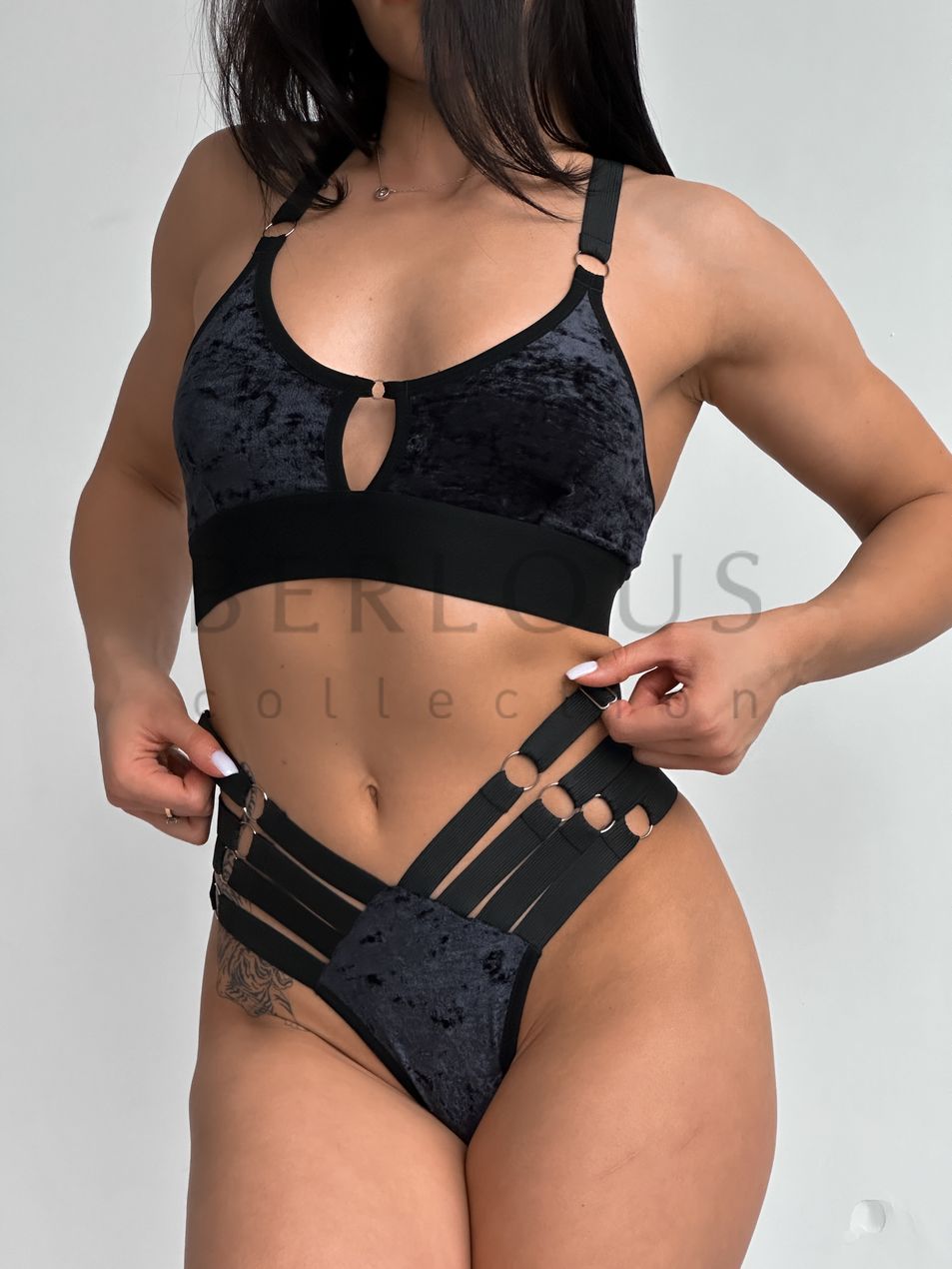 SET TOP AND PANTIES (mini), collection PEACH, Velvet, Black, XS