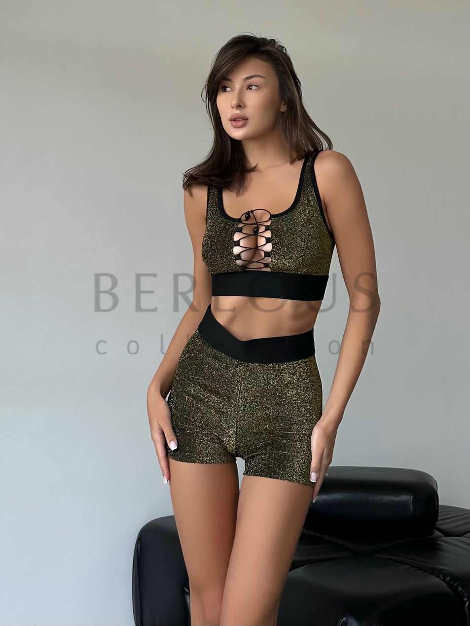 SET TOP AND LACE UP SHORTS, collection SHINE, Lurex, Gold, XS