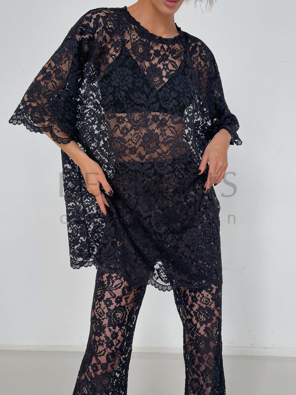 SET top, swing-blouse, trousers, collection LACE, guipure Black, XS