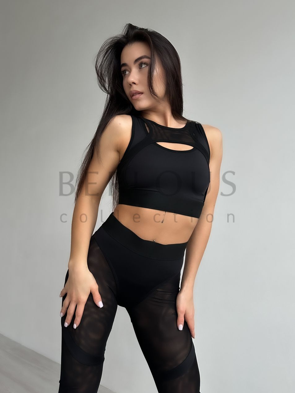 SET TOP AND LEGGINGS, collection SHADOW, Mesh, Black, XS